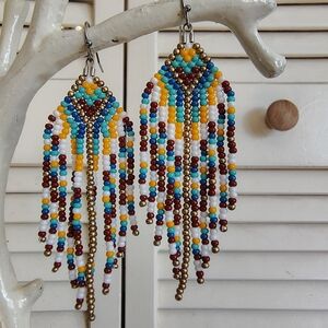 Handmade Bohemian Beaded Fringe Earrings - Stainless Steel Hooks OS